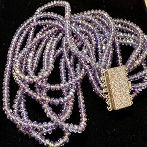 Purple Amethyst’ish Color 7 Layered Necklace w/AB Beads & Silver Tone Box Clasp